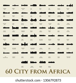 Set of 60 City Silhouettes from Africa ( Fez, Lusaka, East London, Lome, Togo, Kigali, Port Harcourt, Zanzibar, Meknes, Khartoum, Tunis, Marrakech, Morocco, South Africa, Johannesburg )