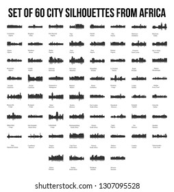 Set of 60 City Silhouettes from Africa ( Fez, Lusaka, East London, Lome, Togo, Kigali, Port Harcourt, Zanzibar, Meknes, Khartoum, Tunis, Marrakech, Morocco, South Africa, Johannesburg )