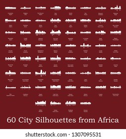 Set of 60 City Silhouettes from Africa ( Fez, Lusaka, East London, Lome, Togo, Kigali, Port Harcourt, Zanzibar, Meknes, Khartoum, Tunis, Marrakech, Morocco, South Africa, Johannesburg )