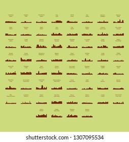 Set of 60 City Silhouettes from Africa ( Fez, Lusaka, East London, Lome, Togo, Kigali, Port Harcourt, Zanzibar, Meknes, Khartoum, Tunis, Marrakech, Morocco, South Africa, Johannesburg )