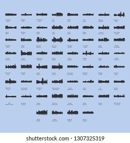 Set of 60 City Silhouettes from Africa ( Fez, Lusaka, East London, Lome, Togo, Kigali, Port Harcourt, Zanzibar, Meknes, Khartoum, Tunis, Marrakech, Morocco, South Africa, Johannesburg )