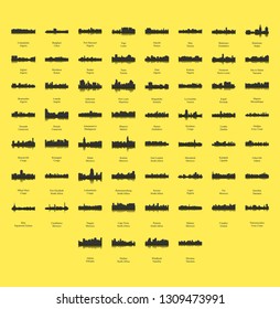 Set of 60 City Silhouettes from Africa ( Fez, Lusaka, East London, Lome, Togo, Kigali, Port Harcourt, Zanzibar, Meknes, Khartoum, Tunis, Marrakech, Morocco, South Africa, Johannesburg )