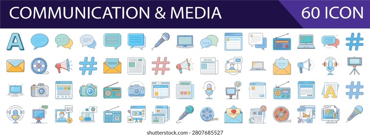 Set of 60 colorful vector icons representing various communication and media concepts in flat design style.