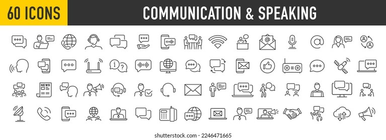 Conjunto de 60 iconos web de comunicación y de habla en estilo de línea. Chat, burbuja de voz, hablar, apuntar, chat, soporte, mensaje, teléfono, globo, llamada, colección de información. Ilustración vectorial.