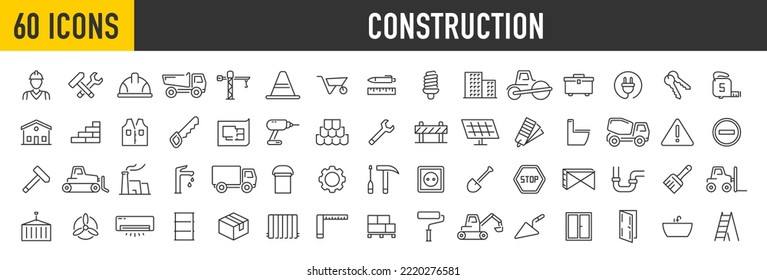 Set of 60 Construction web icons in line style. Building, engineer, business, road, repair tools, equipment, helmet, crane, builder, industry collection. Vector illustration.	