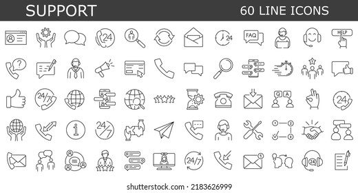 Set of 60 Contact us, support and Help icons in line style. Outline icons collection. Simple vector illustration. Assistance, customer, review, 24 hrs, contact. 