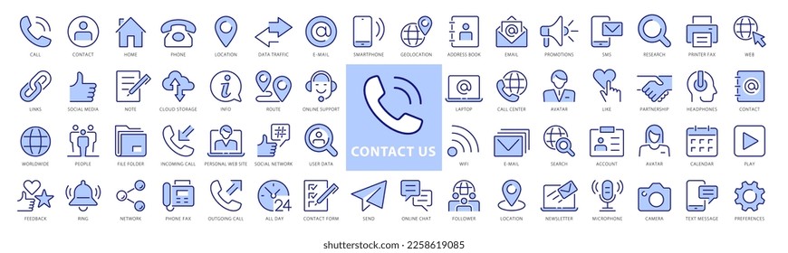 Set of 60 Contact Us Thin Line Icons. Big Blue and White icons pack. Chat, support, phone, globe, message, email, call. Vector illustration. - Shutterstock ID 2258619085