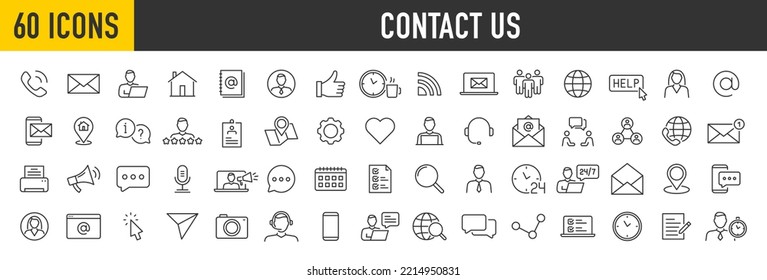 Set of 60 Contact Us web icons in line style. Web and mobile icon. Chat, point, chat, support, message, phone, globe, call, info collection. Vector illustration.	