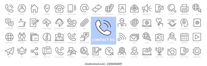 Set of 60 Contact Us web icons in line style. Web and mobile icon. Chat, support, message, phone. Vector Illustrations