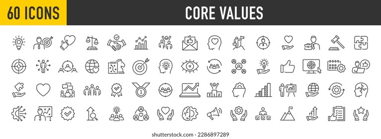 Set of 60 Core Values web icon set in line style. Innovation, integrity, customers, accountability, teamwork, goals, motivation collection. Vector illustration.