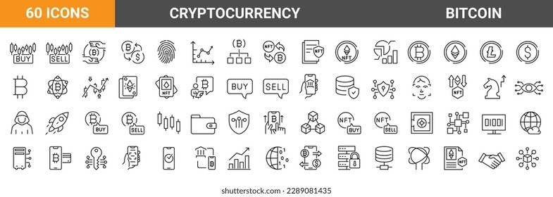 Set von 60 Cryptowährung Economy Web-Symbole Sammlung. Blockchain-Paket. Bitcoin, NFT, Vektorgrafik. Rahmensymbol.  Bearbeitbarer Strich.