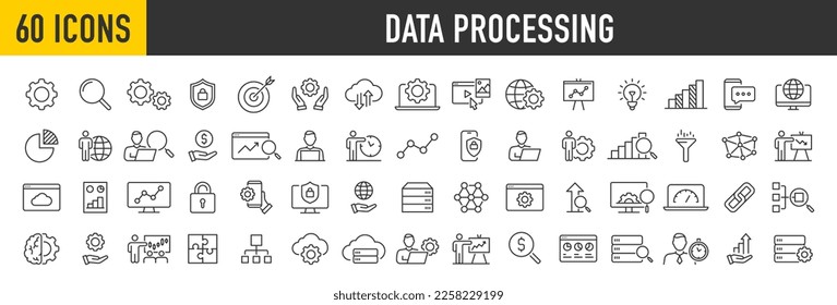 Set of 60 Data Processing web icons in line style. Analytics, gear, network, statistic, filter, diagrams, technology. Icon collection. Vector illustration. - Shutterstock ID 2258229199