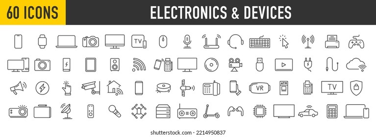 Set of 60 Device and technology web icons in line style. Computer monitor, smartphone, internet, network, programming, tablet and laptop collection. Vector illustration.	