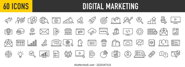 Set of 60 Digital Marketing web icons in line style. Social, networks, feedback, communication, marketing, content, analysis, ecommerce collection. Vector illustration.	