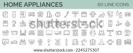 Set of 60 editable stroke home appliances line icons. Electronic equipment, cooking, cleaning, entertainment, body care. outline symbol collection.