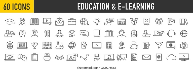 Set of 60 Education and e learning web icons in line style. School, university, success, academic, textbook, Distance learning collection. Vector illustration.	
