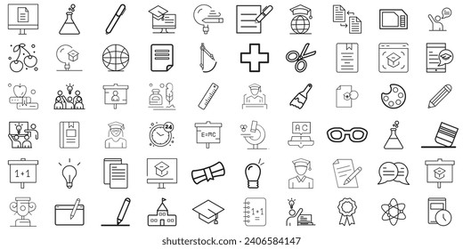 Set of 60 Education and Learning web icons in line style. School, university, textbook,study, lectures, course, learning. Vector illustration.
