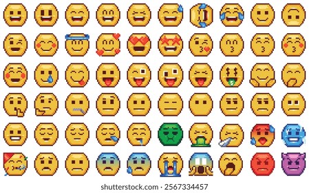 Set of 60 emoji and emoticon variety of emotions and expressions in pixel art vector