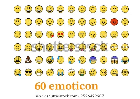 A set of 60 emoticons featuring various facial expressions, from happy, sad, angry, to playful, capturing a wide range of human emotions.