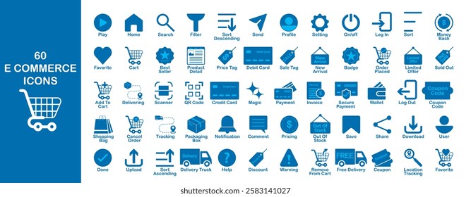 A set of 60 essential eCommerce icons for websites, apps, UI,UX, and digital banners. Includes shopping, payment, delivery, discounts, user interface, notifications, and more. Perfect for online store