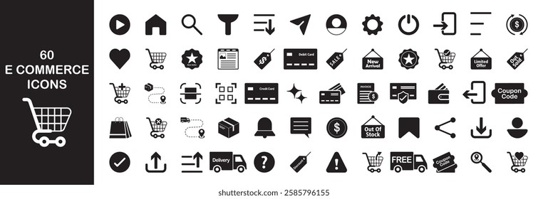 A set of 60 essential eCommerce icons for websites, apps, UI,UX, and digital banners. Includes shopping, payment, delivery, discounts, user interface, notifications, and more. Perfect for online store