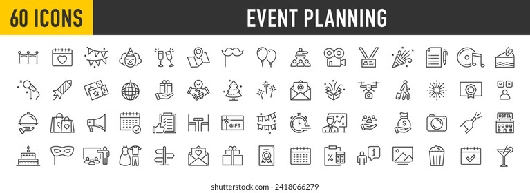 Set of 60 Event planning web icons in line style. Management, catering, registration, wedding, coordination, entertainment, invitations, logistics,  collection. Vector illustration.