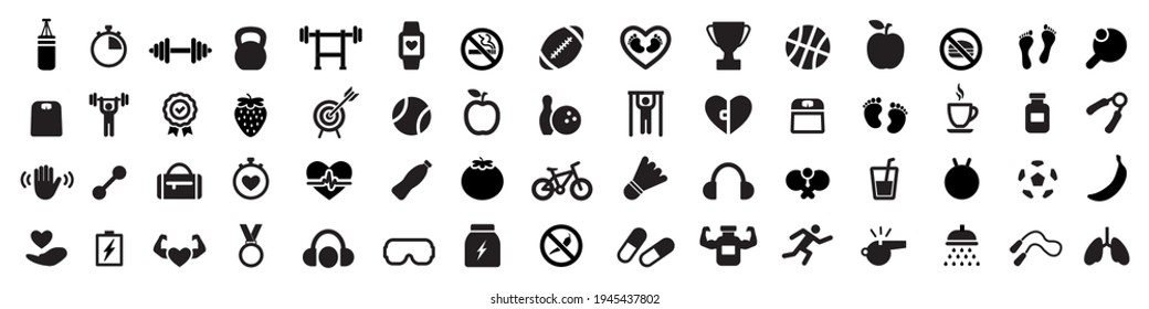 Set of 60 fitness and sport icons. Fitness and sport black icons. Vector illustration.