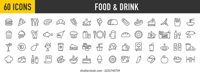 Set of 60 Food and drink web icons in line style. Meal, restaurant, dishes, fruits, fastfood, burger, pizza, coffee, sandwich, collection. Vector illustration.