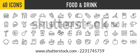 Set of 60 Food and drink web icons in line style. Meal, restaurant, dishes, fruits, fastfood, burger, pizza, coffee, sandwich, collection. Vector illustration.