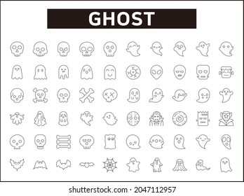 Set of 60 Ghost and Halloween line style. Contains such icons as Frankenstein, Skeleton, Eyeball, spook, alien, boo and other elements.