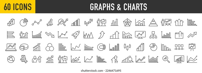 Conjunto de 60 gráficos e iconos web de gráficos en estilo de línea. Gráficos, infografía, estadísticas, datos, diagramas, reducción de la economía, finanzas, flecha hacia abajo o hacia arriba, negocios, aumento, disminución. Ilustración vectorial.	