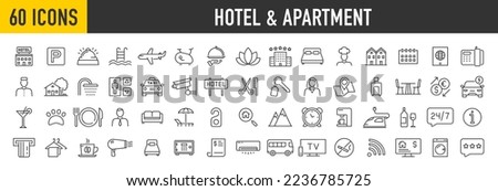 Set of 60 Hotel and apartament web icons in line style. Rental, reservation, hotel booking, room, parking, travel, service, airport, collection. Vector illustration.