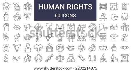 Set of 60 Human Rights line icon. democracy, equality of rights, tolerance, activism, freedom. Editable stroke