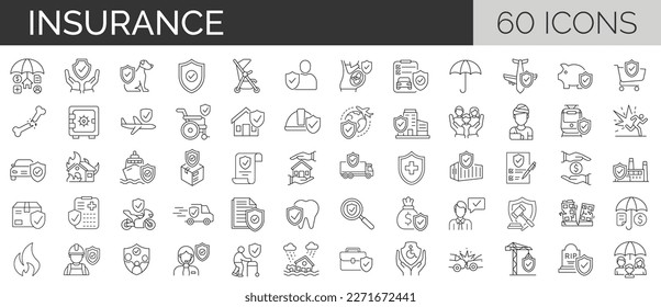 Set of 60 icons related to insurance. Outline icons collection. Simple vector illustration. Editable stroke