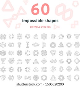 Set of 60 impossible shapes, geometric elements. Isolated on white, line design, editable strokes. Vector illustration EPS 10