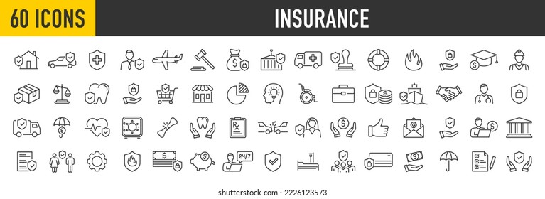 Conjunto de 60 iconos web de Seguros en estilo de línea. Medicina, Coche, situaciones de seguro, accidente, salud, inundación, vida, viaje, vuelo, casa. Ilustración vectorial.