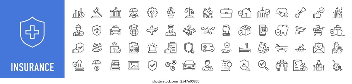 Conjunto de 60 iconos web de seguros en estilo de línea. Médico, Coche, situaciones de seguro, accidente, salud, inundación, vida, viajar, volar, hogar. Ilustración vectorial.