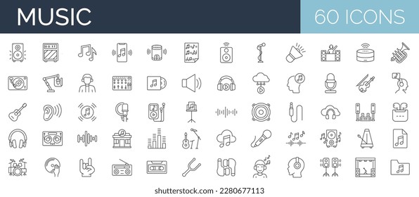 Set of 60 line editable stroke icons related to music, audio, instruments, sound. Vector illustration. Outline icon collection