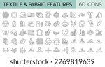Set of 60 line icons related to textile industry, fabric feather. Editable stroke. Vector illustration
