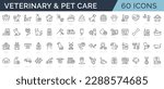 Set of 60 line icons related to pet, care, veterinary, vet, healthcare. Outline icon collection. Linear animals symbols. Editable stroke. Vector illustration
