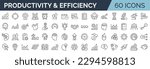 Set of 60 line icons related to productivity and efficiency. Outline icon collection. Linear business and leader symbols. Editable stroke. Vector illustration. 