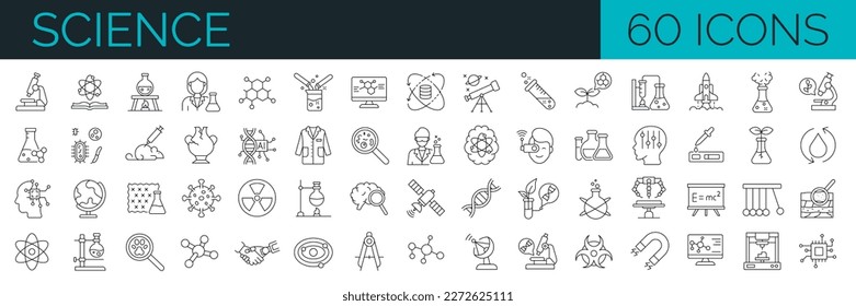 Conjunto de iconos de 60 líneas relacionados con la ciencia. Colección de iconos de esquema. Ilustración vectorial simple. Trazo editable