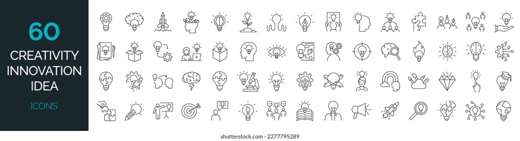 Set of 60 line icons related to creativity, idea, innovation, teamwork, invention. Outline icon collection. Editable stroke. Vector illustration - Shutterstock ID 2277795289