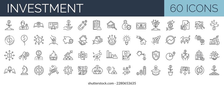 Set of 60 line icons related to investment, investor, risk management, economy, financial gain, money, coins symbols. Outline icon collection. Editable stroke. Vector illustration - Shutterstock ID 2280653635