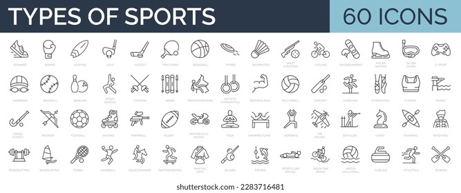 Set of 60 line icons related to types of sports. Collection of 60 kinds of sports and activities. Editables stroke. Vector illustration