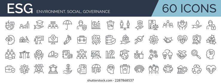 Set of 60 line icons related to ESG, ecology, environment, social, governance. Otuline icon collection. Editable stroke. Vector illustration. - Shutterstock ID 2287868537