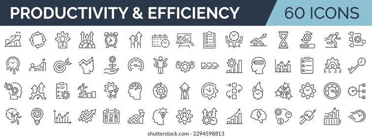 Set of 60 line icons related to productivity and efficiency. Outline icon collection. Linear business and leader symbols. Editable stroke. Vector illustration. 