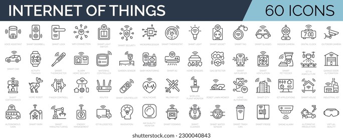 Set of 60 line icons related to IOT, internet of things, smart house, innovation. Outline icon collection. Editable stroke. Vector illustration