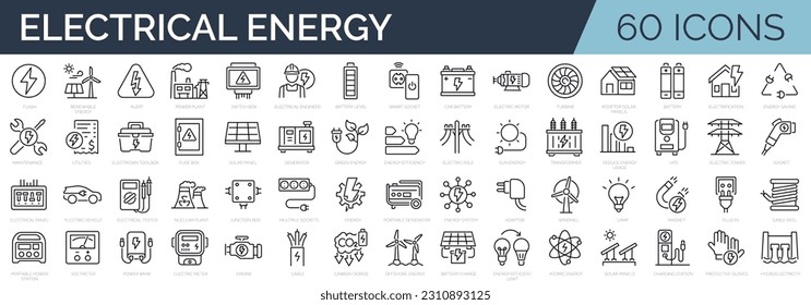 Set of 60 line icons related to energy, electrical energy, electricity. Outline icon collection. Vector illustration. Editable stroke