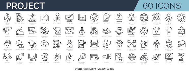 Set of 60 line icons related to project, startup, management, business. Editable stroke. Outline icon collection. Vector illustration - Shutterstock ID 2320713583